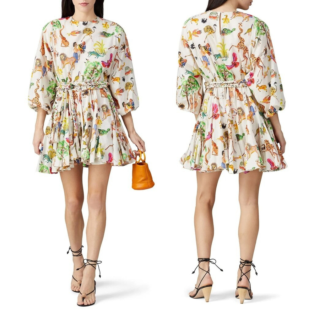 RHODE Ella Mini Dress White Multicolor Animal Print Safari $395 NO BELT - Size S